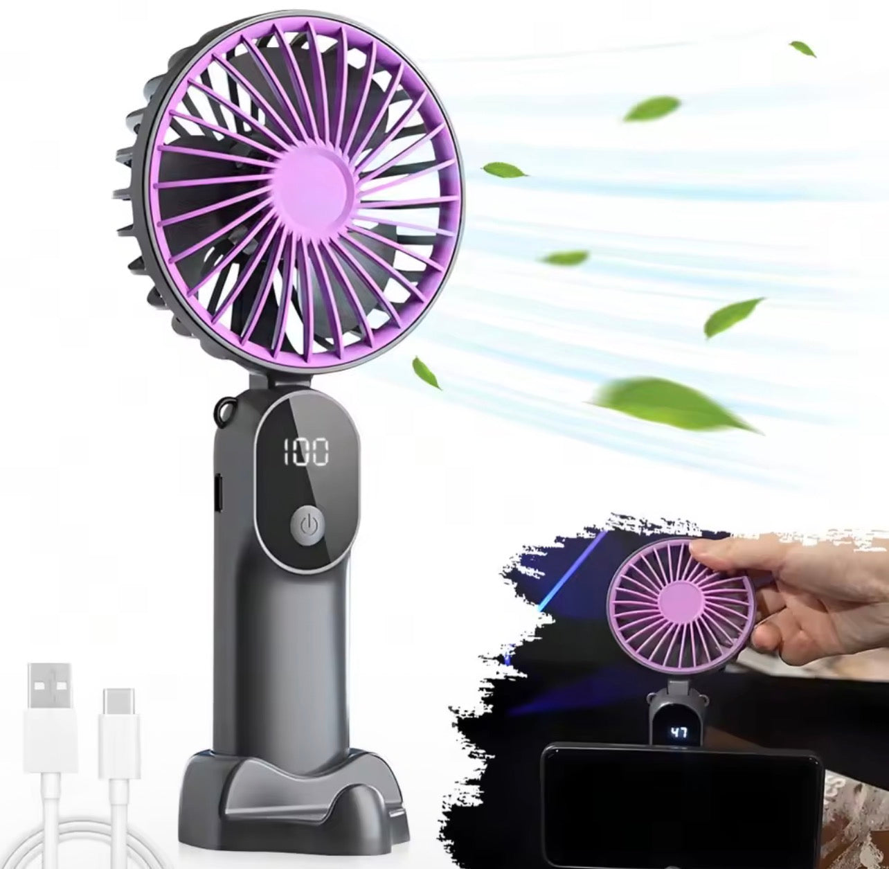 Ventilateur portable Mini ventilateur personnel portable Écran d'affichage LED rechargeable adapté aux voyages, au camping et aux activités de plein air
